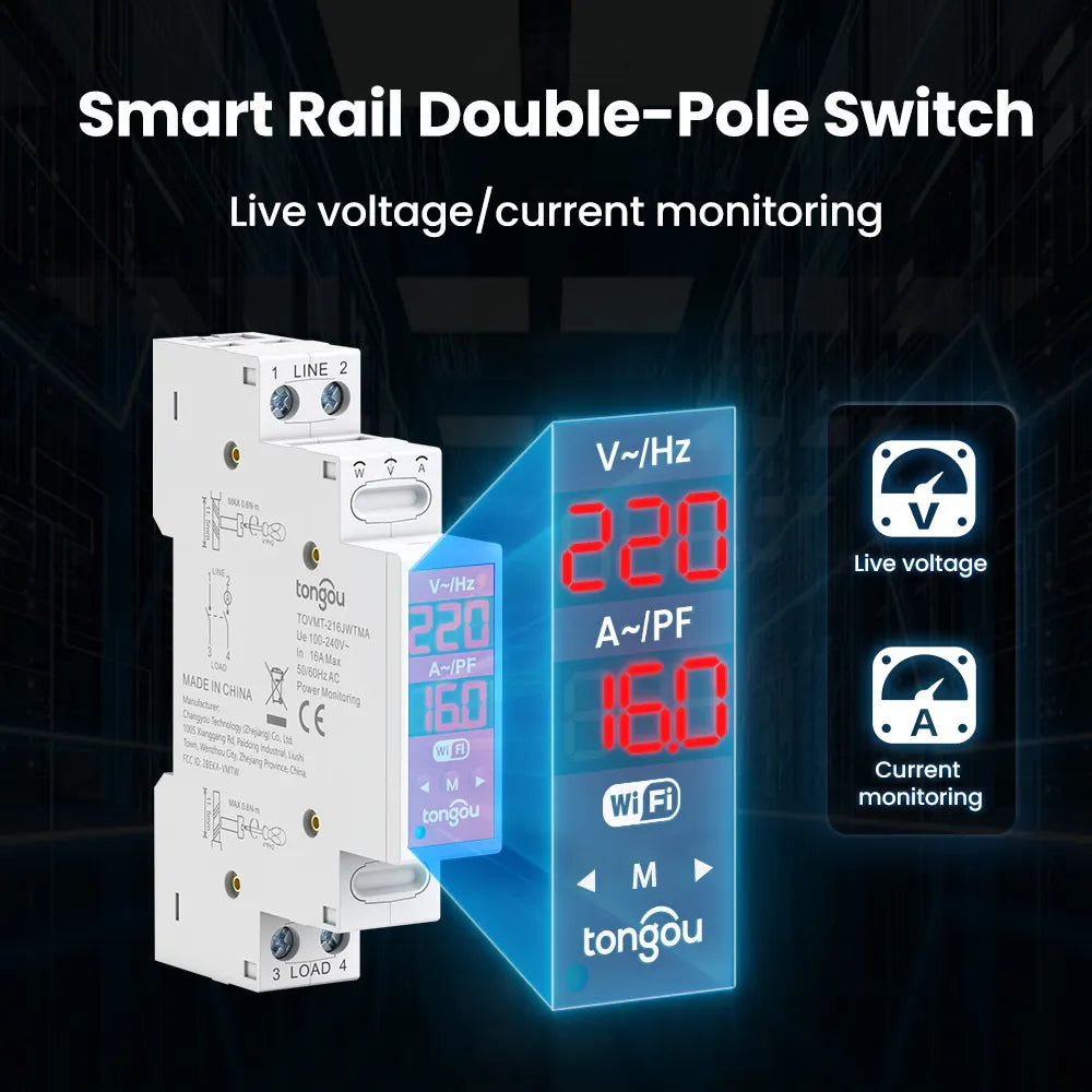 TOVMT Dual-disconnect Smart Wi-Fi Circuit Breaker Smart Switch L-L/L-N 16A 2 Poles for Tuya Smart Life Home Application