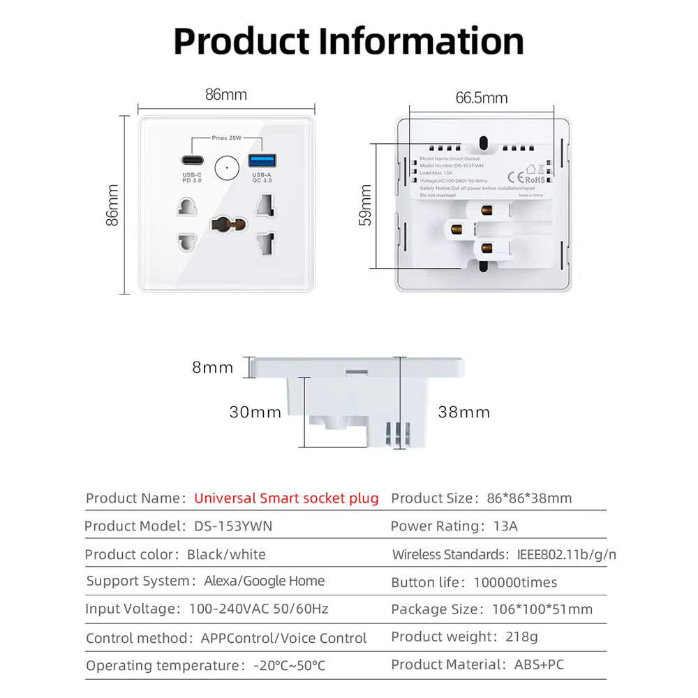 Tuya WIFI Smart Socket UK Standard Type-C USB Ports