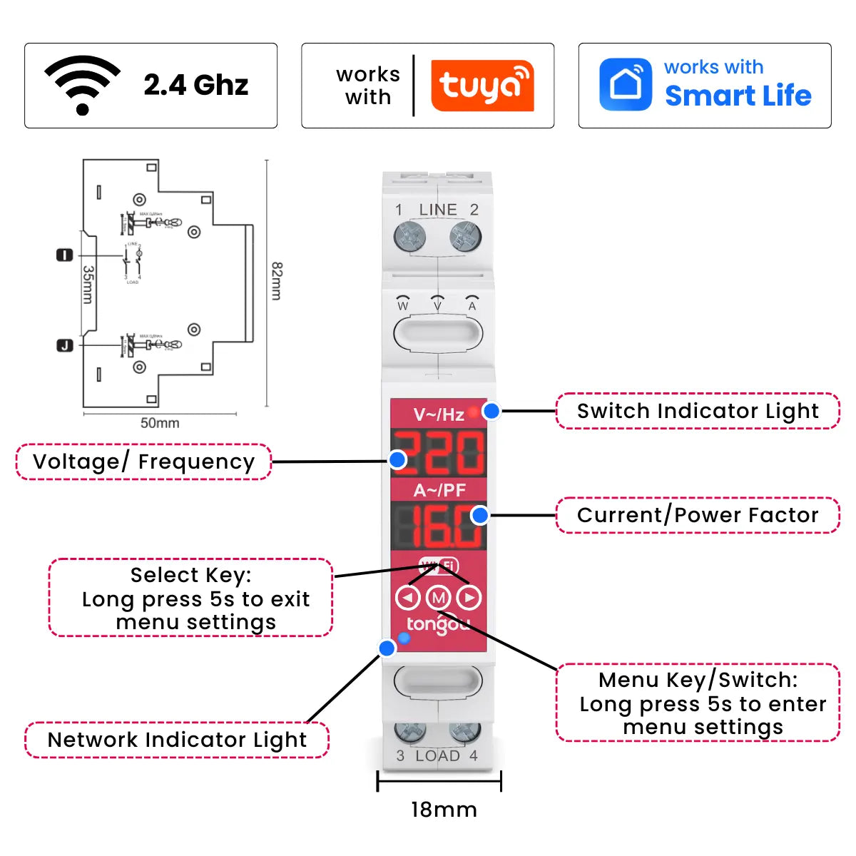TOVMT Dual-disconnect Smart Wi-Fi Circuit Breaker Smart Switch L-L/L-N 16A 2 Poles for Tuya Smart Life Home Application