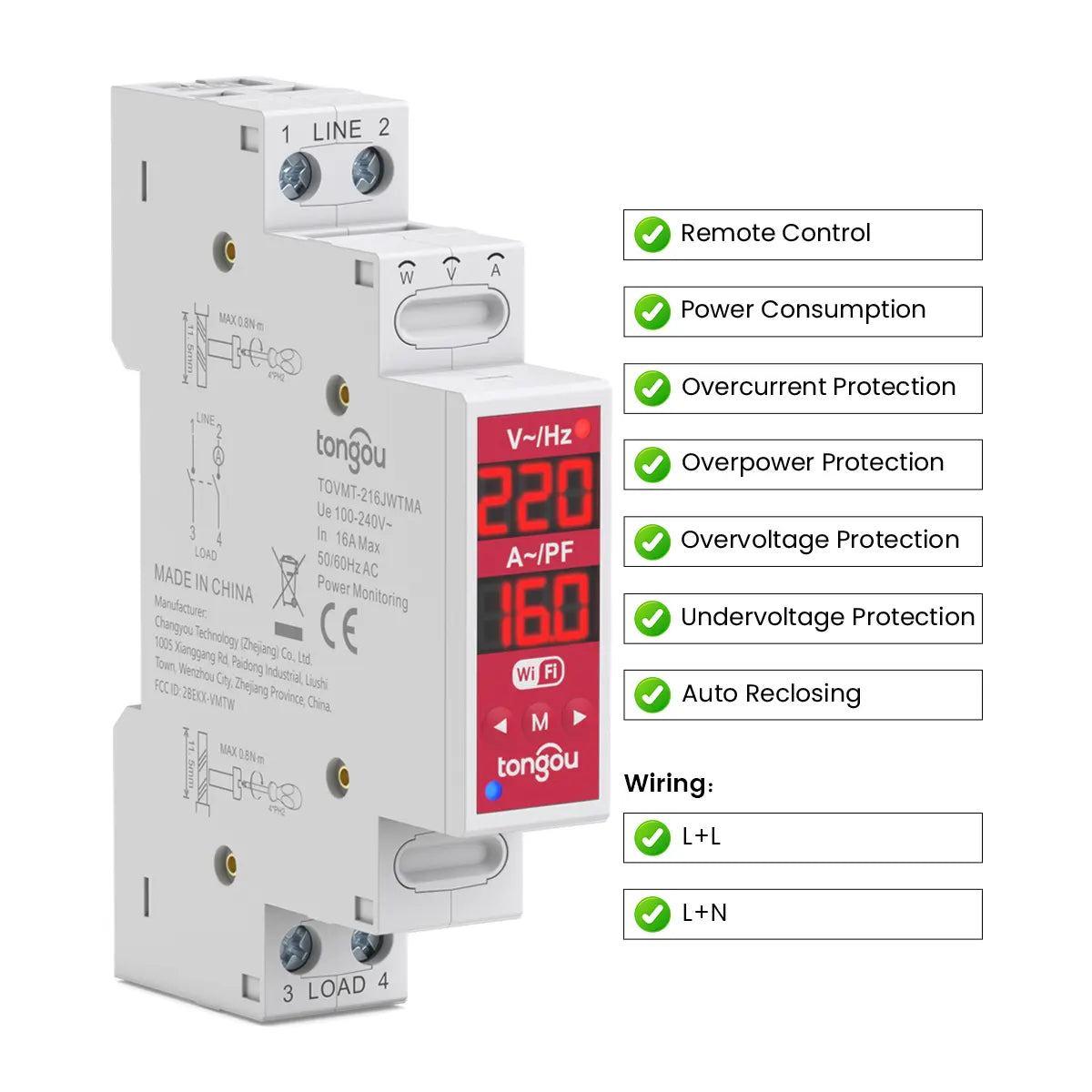 TOVMT Dual-disconnect Smart Wi-Fi Circuit Breaker Smart Switch L-L/L-N 16A 2 Poles for Tuya Smart Life Home Application